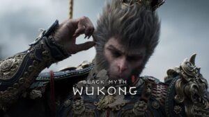 Sun Wukong, the Monkey King, standing heroically with his golden staff in hand, set against a dramatic backdrop of mystical landscapes from Black Myth: Wukong