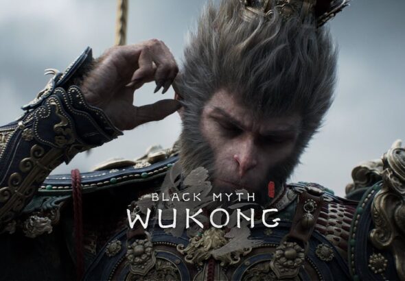 Sun Wukong, the Monkey King, standing heroically with his golden staff in hand, set against a dramatic backdrop of mystical landscapes from Black Myth: Wukong